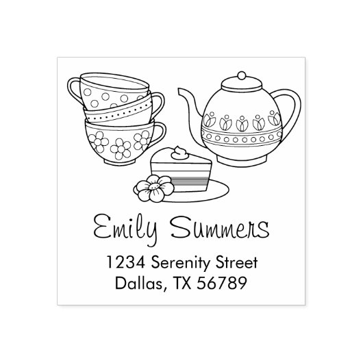 Teapot, Teacups en het Adres van de Dek Rubberstempel (Afrduk)
