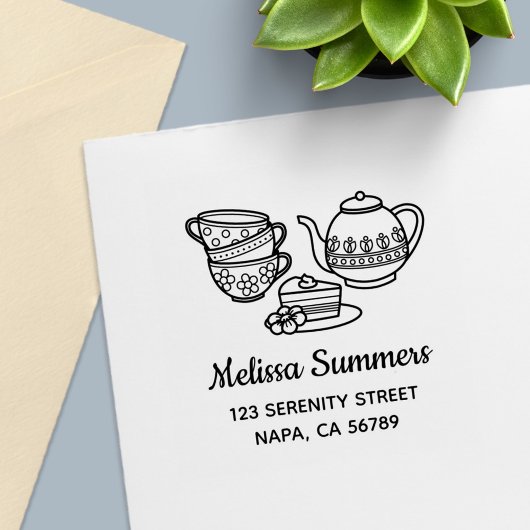 Teapot, Teacups en het Adres van de Dek Zelfinktende Stempel
