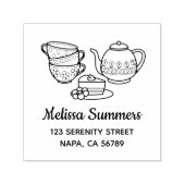 Teapot, Teacups en het Adres van de Dek Zelfinktende Stempel (Design)