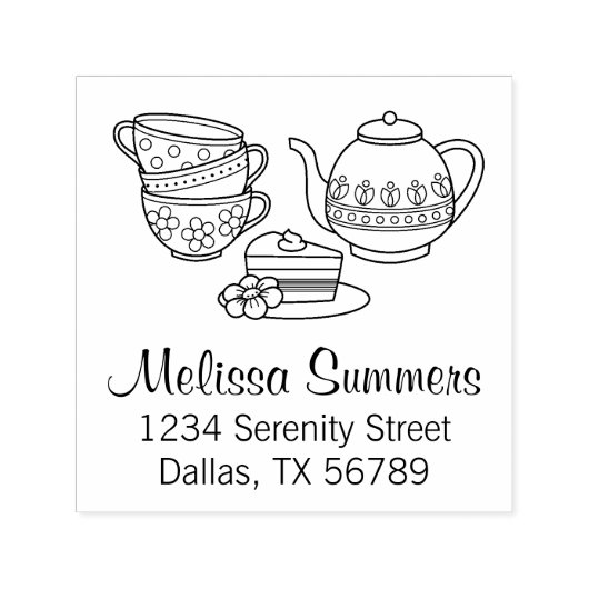 Teapot, Teacups en het Adres van de Dek Zelfinktende Stempel (Design)