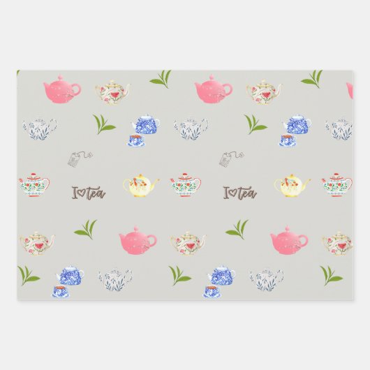 Teapots en groene theebladeren Tea Lover Inpakpapier Vel (Voorkant 2)