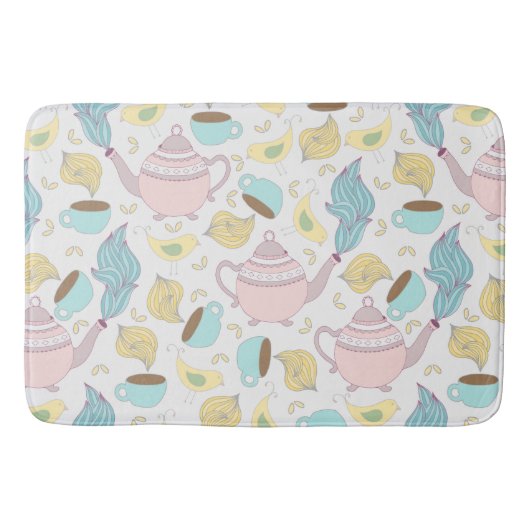 Teapots Teacups en Birds Whimsical Pastel Pattern Badmat (Voorkant)