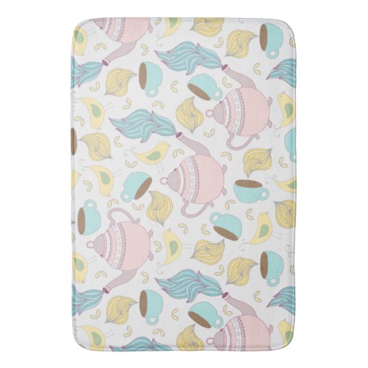 Teapots Teacups en Birds Whimsical Pastel Pattern Badmat (Voorkant Verticaal)