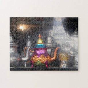 Teapots voor verkoop op de markt legpuzzel