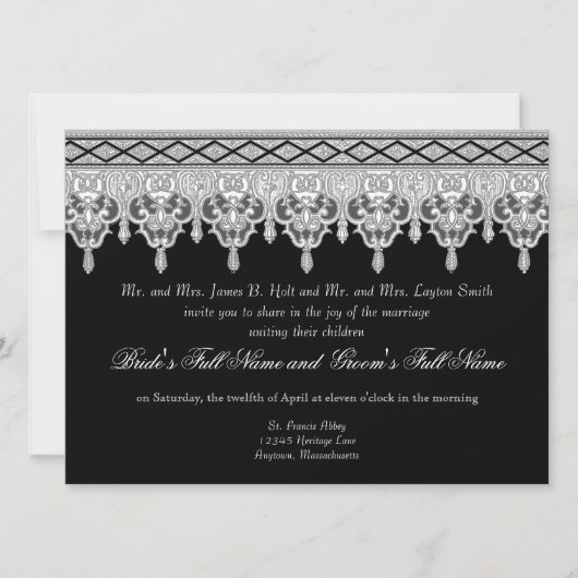 Tear Drop Lace, Black, Grey & White Wedding Invite Kaart (Voorkant)