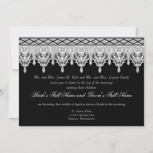 Tear Drop Lace, Black, Grey & White Wedding Invite Kaart (Voorkant)