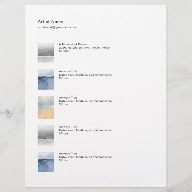Tear Sheet Prijslijst Sjabloon voor Kunst Briefhoofd (Voorkant)
