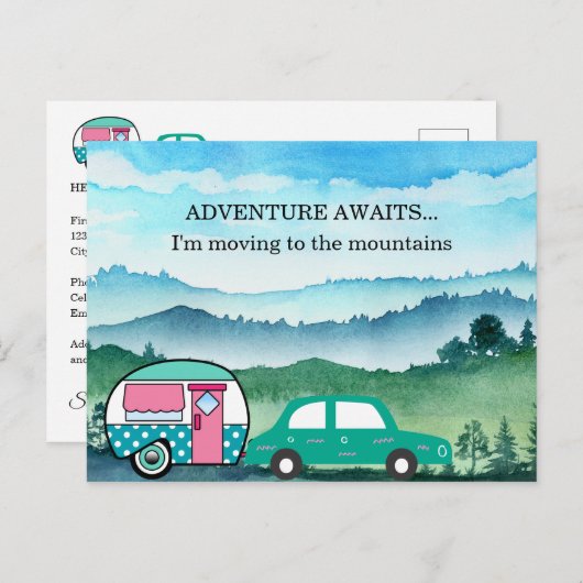 Teardrop Camper Mountains Adres Verandering Aankondigingskaart (Voorkant / Achterkant)