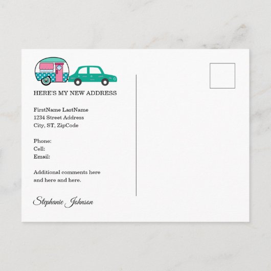 Teardrop Camper Mountains Adres Verandering Aankondigingskaart (Achterkant)