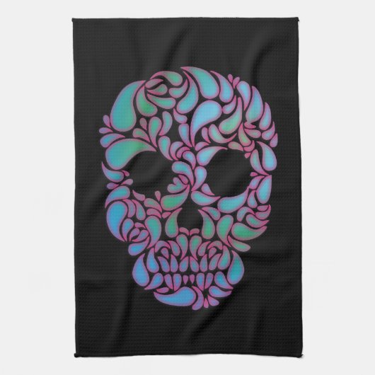 Teardrop Snoep schedel in blauw, groen en roze Theedoek (Verticaal)