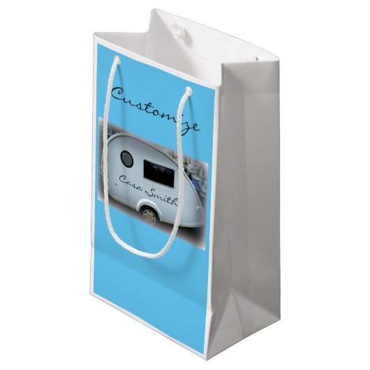 Teardrop-zigeunerkaravaan met vrolijke glamping klein cadeauzakje (Voorkant Gekanteld)