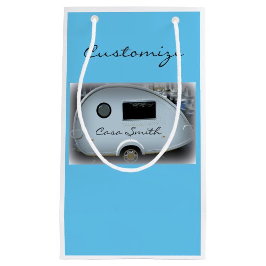 Teardrop-zigeunerkaravaan met vrolijke glamping klein cadeauzakje (Voorkant)