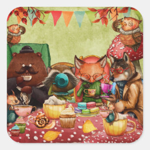 Teatime in bos met Woodland Friends Vierkante Sticker