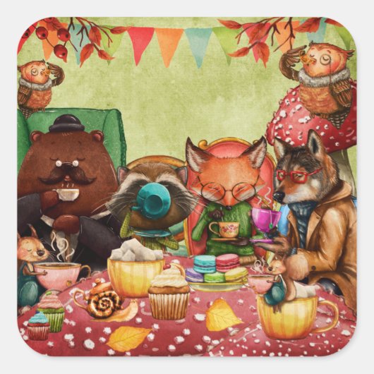 Teatime in bos met Woodland Friends Vierkante Sticker (Voorkant)