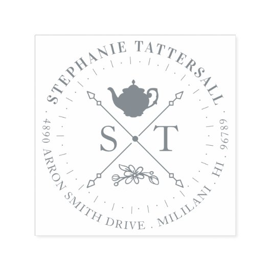 Teatime Theepot Monogram & Adres Crest Zelfinktende Stempel (Design)