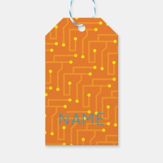 Tech Circuit Board sinaasappel geel NAAM Modern Fu Cadeaulabel (Voorkant)