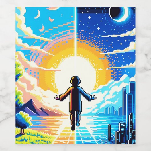 Tech en Natuur Harmony - 8-bit Pixel Art Wijn Etiket (Enkel label)