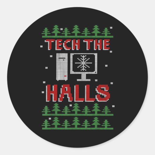 Tech The Halls Ugly Computer Geek Festive Christma Ronde Sticker (Voorkant)