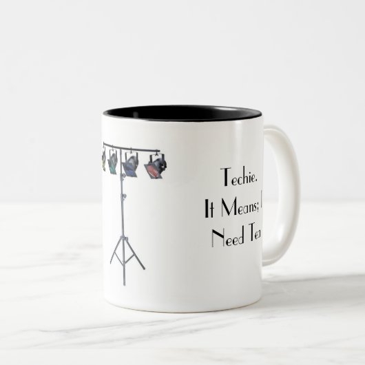 Techie.Het betekent: INeed Tea Tweekleurige Koffiemok (Voorkant rechts)