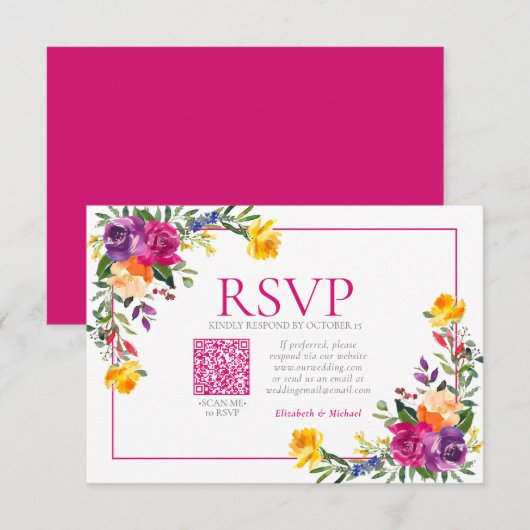 Technicolor Boho Floral QR Code Wedding RSVP Kaartje (Voorkant / Achterkant)