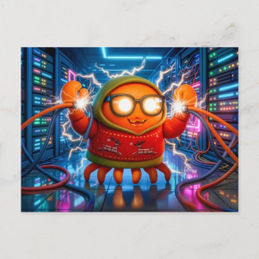 Technische krab die kortsluiting oploopt in server briefkaart (Voorkant)