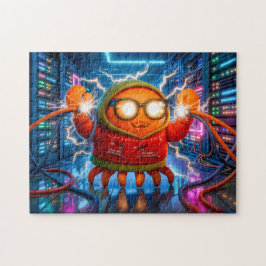Technische krab die kortsluiting oploopt in server legpuzzel