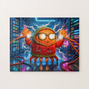 Technische krab die kortsluiting oploopt in server legpuzzel