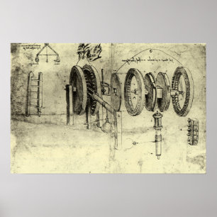 Technische schets van een wiel door Leonardo da Vi Poster