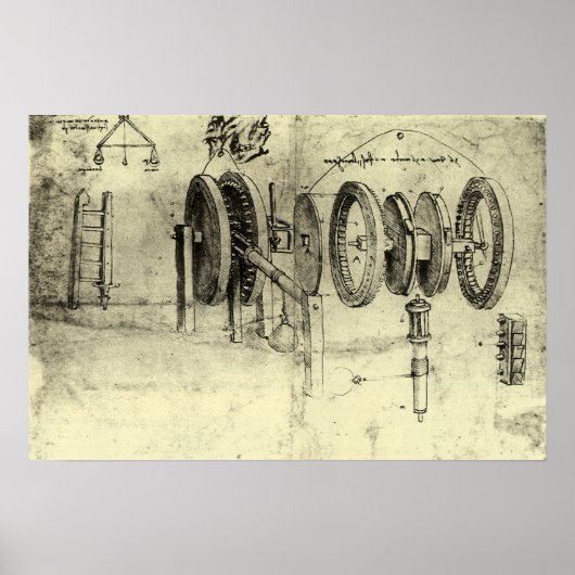 Technische schets van een wiel door Leonardo da Vi Poster (Voorkant)