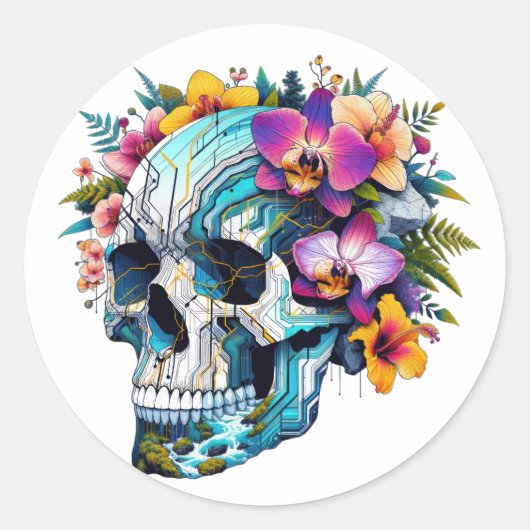 Techno-Bloom schedel Ronde Sticker (Voorkant)