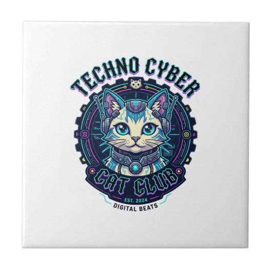 Techno Cyber Kat Grappige Kat Liefhebber Design - Tegeltje (Voorkant)