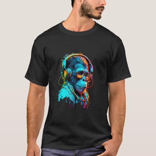 Techno Disco Rave Monkey DJ Monkey Koptelefoon voo T-shirt (Voorkant)