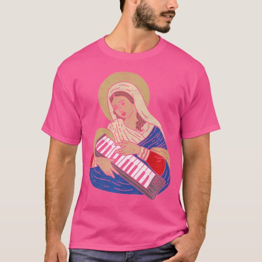 Techno DJ Virgin Mary met een synthesizer 80S Audi T-shirt (Voorkant)