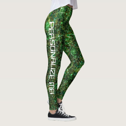 Techno Geek Green Galaxy Glitter CUSTOM TEXT Leggings (Rechts)