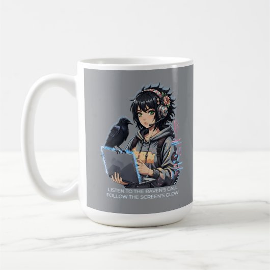 Techno-Mädchen mit Rabe und Laptop Koffiemok (Links)