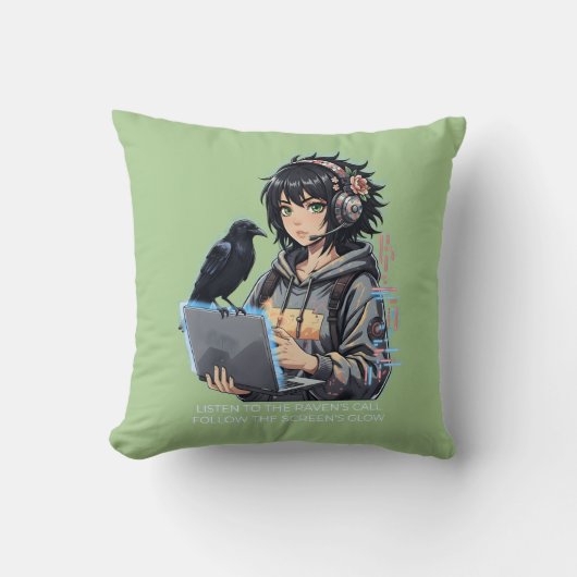 Techno-Mädchen mit Rabe und Laptop Kussen (Voorkant)
