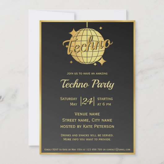 Techno muziek thema gouden disco bal partij kaart (Voorkant)