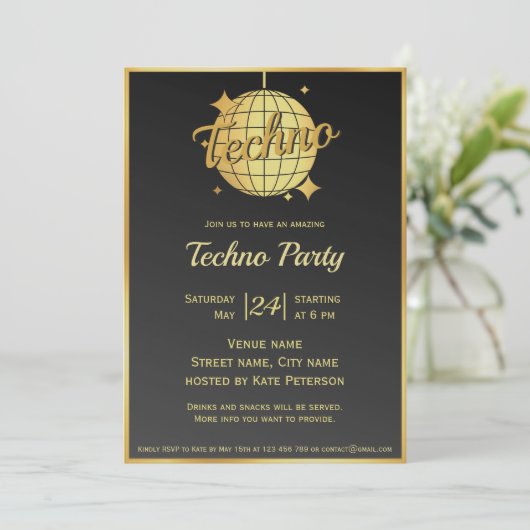 Techno muziek thema gouden disco bal partij kaart (Staand voorkant)