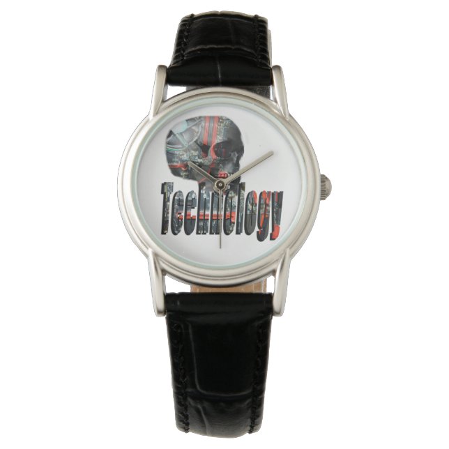 Technology Skull & Logo Dames Black Leather Watch Horloge (Voorkant)