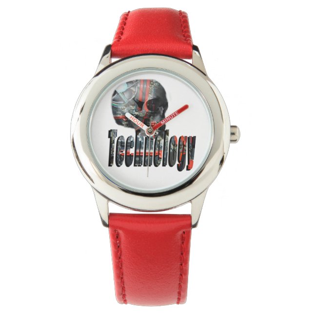 Technology Skull & Logo Kinder Red Leather Watch Horloge (Voorkant)