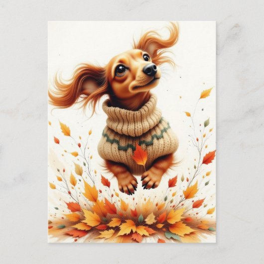 Teckel die in de herfstbladeren speelt briefkaart (Voorkant)