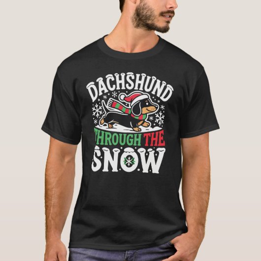 Teckel door de sneeuw - Grappige feesthond T-shirt (Voorkant)