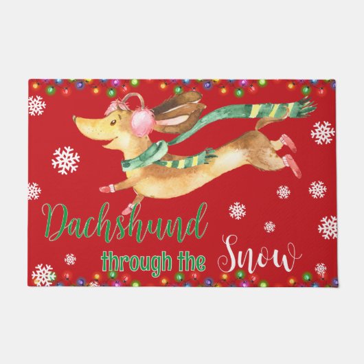 Teckel Door de Sneeuw Schattigee Hond Kerstrood Deurmat (Voorkant)