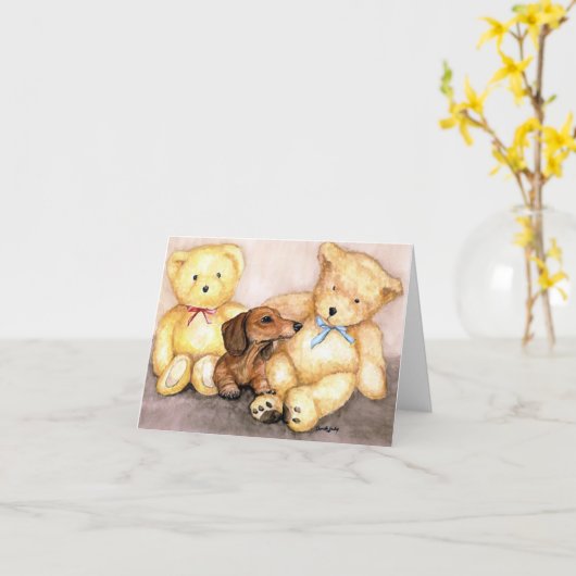 "Teckel en Beer Vrienden" Dog Art Notecard Kaart (Gele Bloem)