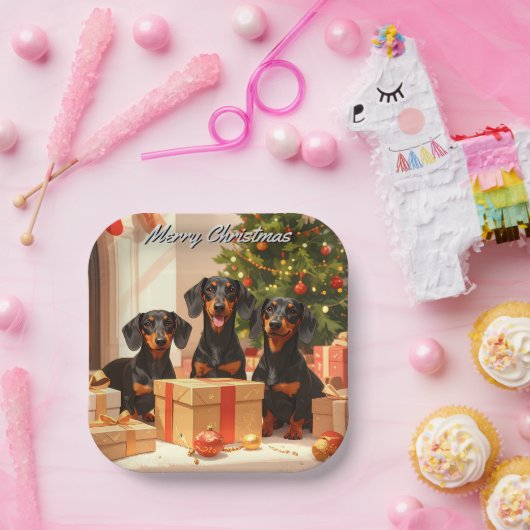 Teckel Familie Kerstmis Papieren Bordje (Feest)