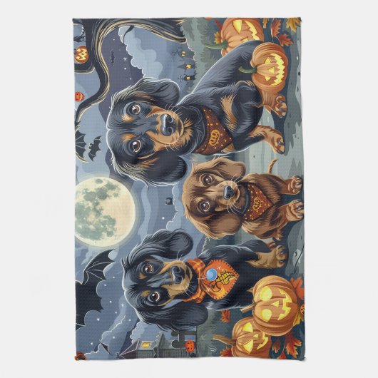 Teckel Halloween Spooky Theedoek (Verticaal)