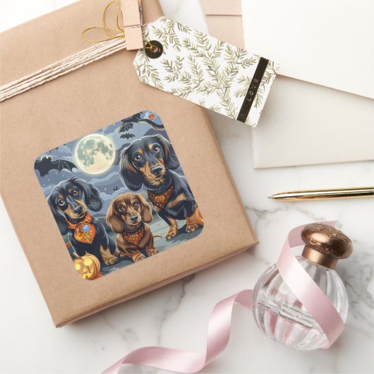 Teckel Halloween Spooky Vierkante Sticker (Geschenken)