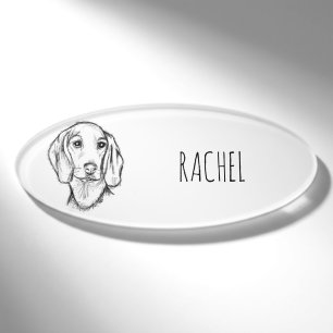 teckel handgetekende schets zwart wit puppy hond naambadge