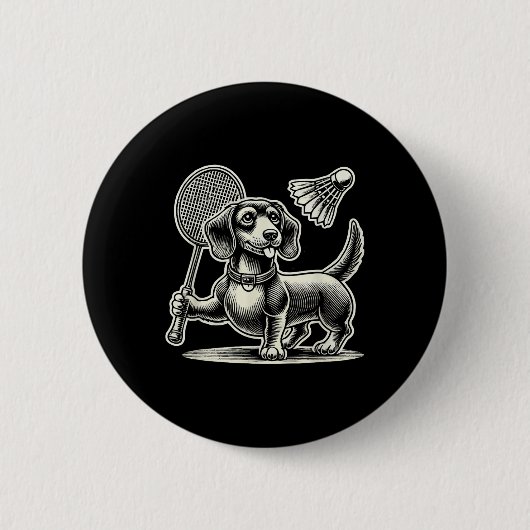 Teckel Hond Badminton Speler Shuttle Mannen Vrouwe Ronde Button 5,7 Cm (Voorkant)