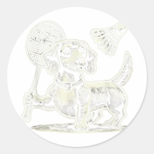 Teckel Hond Badminton Speler Shuttle Mannen Vrouwe Ronde Sticker